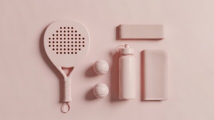 Trendy Pink Padel Tennis Sports Essentials Kit with Racket, Balls, Bottle and Glitter Accessories