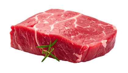 Obraz premium Close-up studio shot of a raw, rectangular cut of beef, showcasing marbling and texture, with a sprig of green herbs