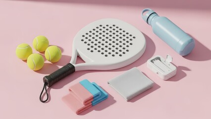 Dynamic Padel Tennis Setup with White Racket, Yellow Balls, Bottle, Earbuds, and Towels on Pink
