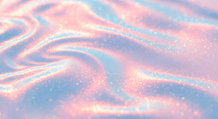 Iridescent holographic fabric with a flowing, wavy texture, shimmering with pastel colors of pink, blue, and gold, creating a dreamy and ethereal background with a soft, glowing effect and subtle spar