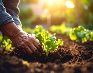Close-up of a gardener's hands planting a seedling in rich soil, bathed in warm sunlight. The scene depicts a vibrant garden setting