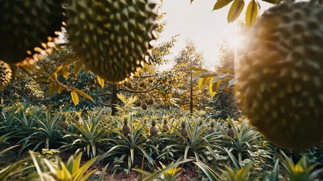 Tropical orchard with spiky durian fruit hanging above pineapple plants, lush tropical fruit farm plantation foliage and sunlight creating warm textured scene pineapple orchard with durian tree