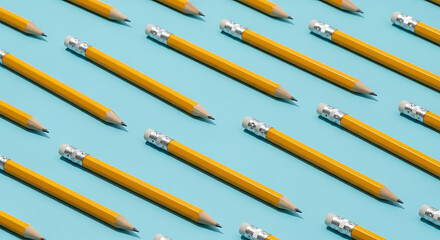 A pattern of yellow pencils with erasers on a light blue background creates a visually appealing and organized composition, perfect for educational or creative themes, showcasing precision and simplic