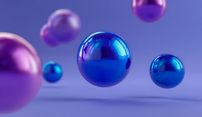 A collection of shiny blue and purple spheres floating against a solid background with a depth of field effect