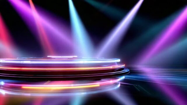 Neon digital discs spinning above a cyberpunk rave stage, colorful laser beams and LED lights forming a euphoric electronic music environment, bold futuristic visuals