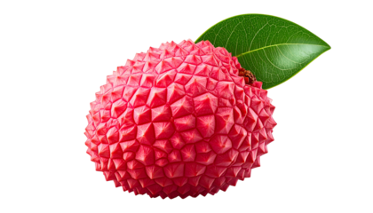 Close-up of a vibrant red, textured fruit with a green leaf against a black background