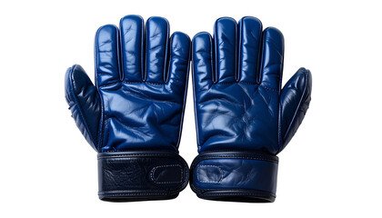 Symmetrical close-up of two shiny, dark blue, padded gloves, showcasing textured leather and contrasting wristbands
