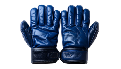 Symmetrical close-up of two shiny, dark blue, padded gloves, showcasing textured leather and contrasting wristbands