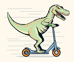 Illustration of a Velociraptor riding an electric scooter. Cartoon-style artwork. © Rob