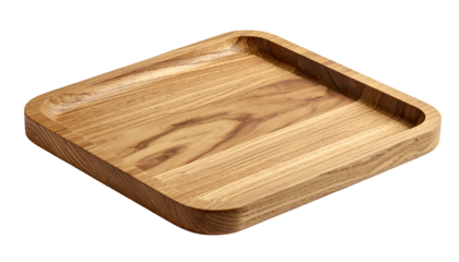 A square wooden serving tray with rounded edges, showing the natural wood grain