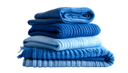 A stack of neatly folded blue blankets, varying shades, on a transparent background