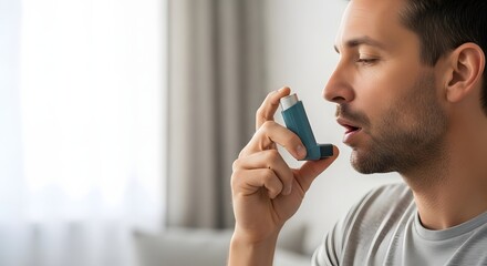 A man holding an inhaler near his mouth to manage asthma and alleviate breathing difficulties, illustrating a vital health and medical concept