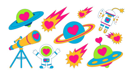 Cosmic Love: Whimsical illustrations depict celestial objects, including planets, meteors, spaceships, and a telescope, each adorned with hearts, creating a whimsical and enchanting atmosphere. © Azizun