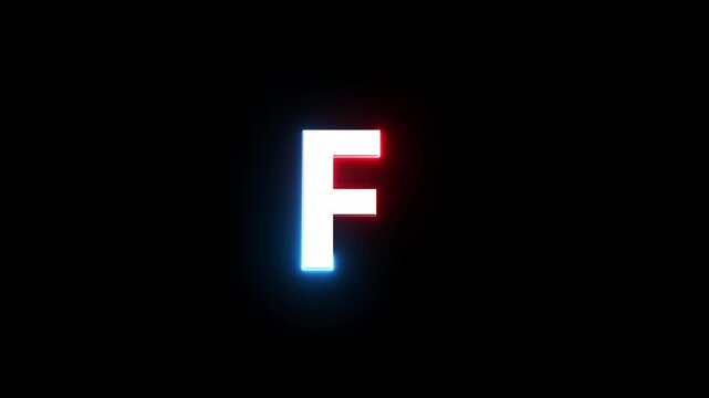Neon capital alphabet letter F text animation.  Neon font letter animation on black background.