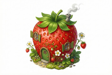 Isometric Cute Strawberry Fruit House Illustration