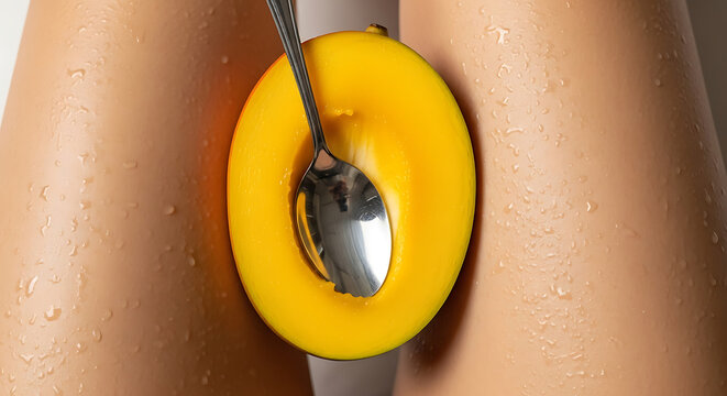 An artistic closeup captures a ripe mango half with a spoon nestled inside, placed between two legs, creating a suggestive and sensual composition with a focus on texture and color, perfect for abstra