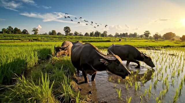 Rice paddy water buffalo grazing in flooded rice field wetland at golden hour sunset rural landscape with green paddy water irrigation dramatic sky flock of bird grazing buffalo in field