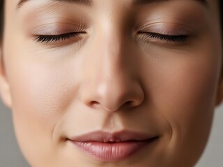 Fototapeta premium Serene Woman s Face with Closed Eyes Gentle Smile Portrait Detail Calm Expression Natural Beauty Skin Texture Focus