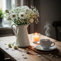 Cozy Morning Still Life with Flowers, Coffee, and Candle.