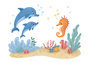 Fototapeta premium Two playful dolphins swimming with orange seahorse in underwater scene, isolated on a transparent background
