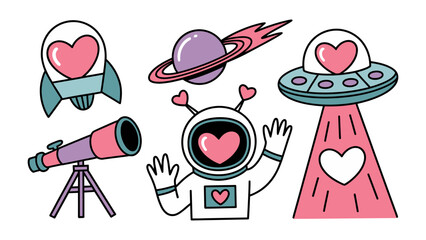 Cosmic Hearts: A whimsical collection of space-themed elements, each adorned with a charming heart, celebrates love and exploration across the cosmos.  © Azizun