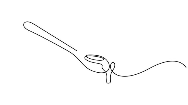 Self animated minimalist one-line drawing of a spoon, which appears to be scooping a viscous liquid such as honey