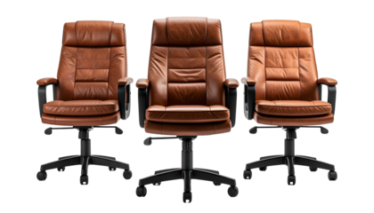 Three matching brown leather office chairs with black bases, isolated on black