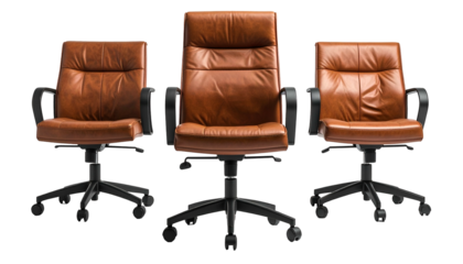 Three brown leather office chairs with black bases, arranged in a row