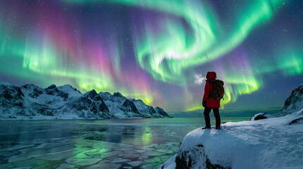 Obraz premium A lone explorer stands on a snow-covered cliff, mesmerized by the vibrant, dancing Northern Lights illuminating the majestic frozen landscape and sky
