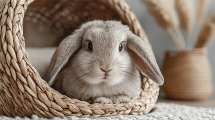 A cute rabbit resting comfortably in its cozy woven basket, surrounded by soft textures and natural elements, creating a serene atmosphere.