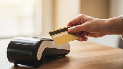Customer's hand presents golden credit card for contactless payment on POS terminal at a retail checkout