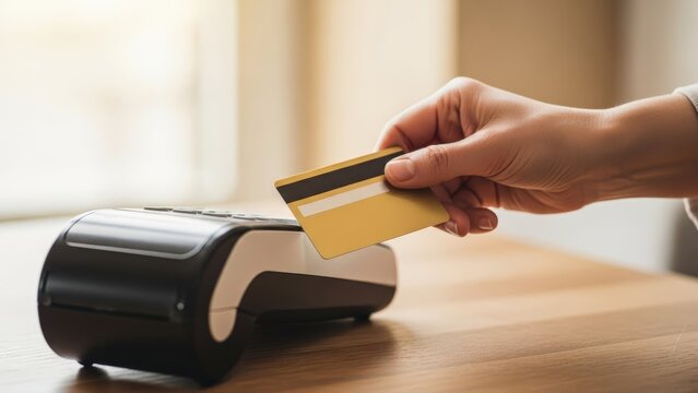 Customer's hand presents golden credit card for contactless payment on POS terminal at a retail checkout - Powered by Adobe