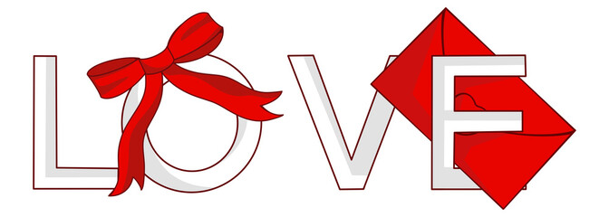 Romantic LOVE typography with ribbon and red envelope symbolizing affection and heartfelt messages