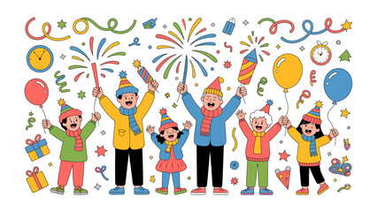 Festive Gathering: A vibrant cartoon depicts a joyous family, celebrating with party favors and fireworks, surrounded by cheerful decorations.