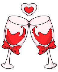 Two wine glasses toasting with red liquid and bows under a heart symbol.