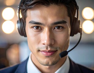 Close-up of a handsome Asian man wearing a headset microphone and a dark suit looking directly at the viewer. Soft background