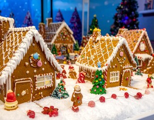 Close-up of a gingerbread village with houses decorated with icing and candy on a snowy surface. Christmas trees dot the landscape