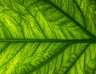 Close-up of a vibrant green leaf, showcasing intricate veins and texture, illuminated by backlighting, creating a visually appealing pattern