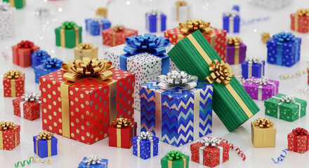 Various colorful gift boxes with ribbons and bows, placed on a bright surface, symbolizing celebration, festivity, and gifting, perfect for holiday concepts