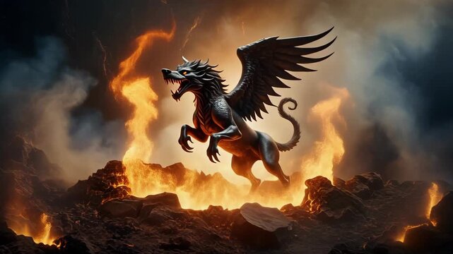 Mythical Winged Lion Creature Emerging from Fiery Volcanic Landscape