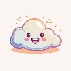 Fototapeta premium Cute cartoon cloud with a smiling face and rosy cheeks, surrounded by small clouds and sparkles.