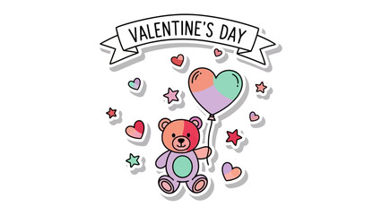 Valentine's Day Teddy: A charming teddy bear, holding a heart-shaped balloon, surrounded by hearts and stars, symbolizing love and affection for a special occasion.