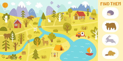 Mini game for kids with cartoon landscape. Doodle woodland mini game with animals.
