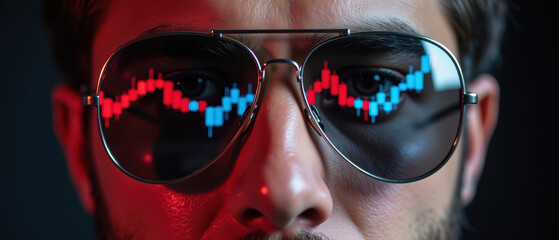 Intense gaze reflects stock market trends in sunglasses, showcasing financial analysis and modern trading
