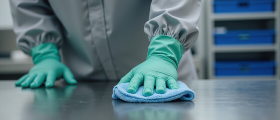 Cleaning surface with microfiber cloth gloved hands hygiene sanitation professional cleaning healthcare environment disinfecting maintenance
