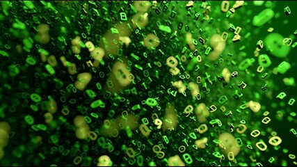 Abstract digital background with glowing green numbers and letters flowing, representing data or technology.