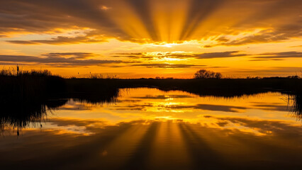 Stunning sunset over tranquil wetlands with vibrant golden sky and calm reflective waters