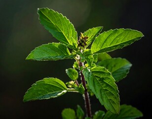 Close-up of a vibrant green plant stem with textured leaves, illuminated by sunlight against a dark, blurred background