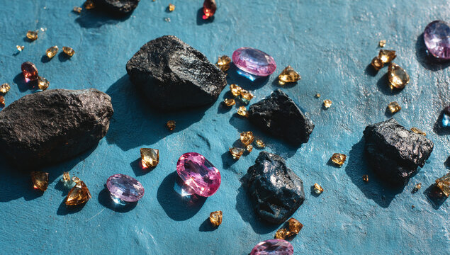 A close-up view of dark rough stones and polished gemstones scattered on a blue surface.