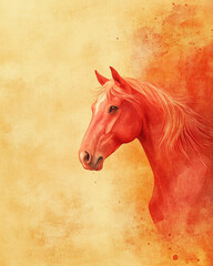 Lunar New Year banner, close up of red horse on a light red and golden background, Chinese style.